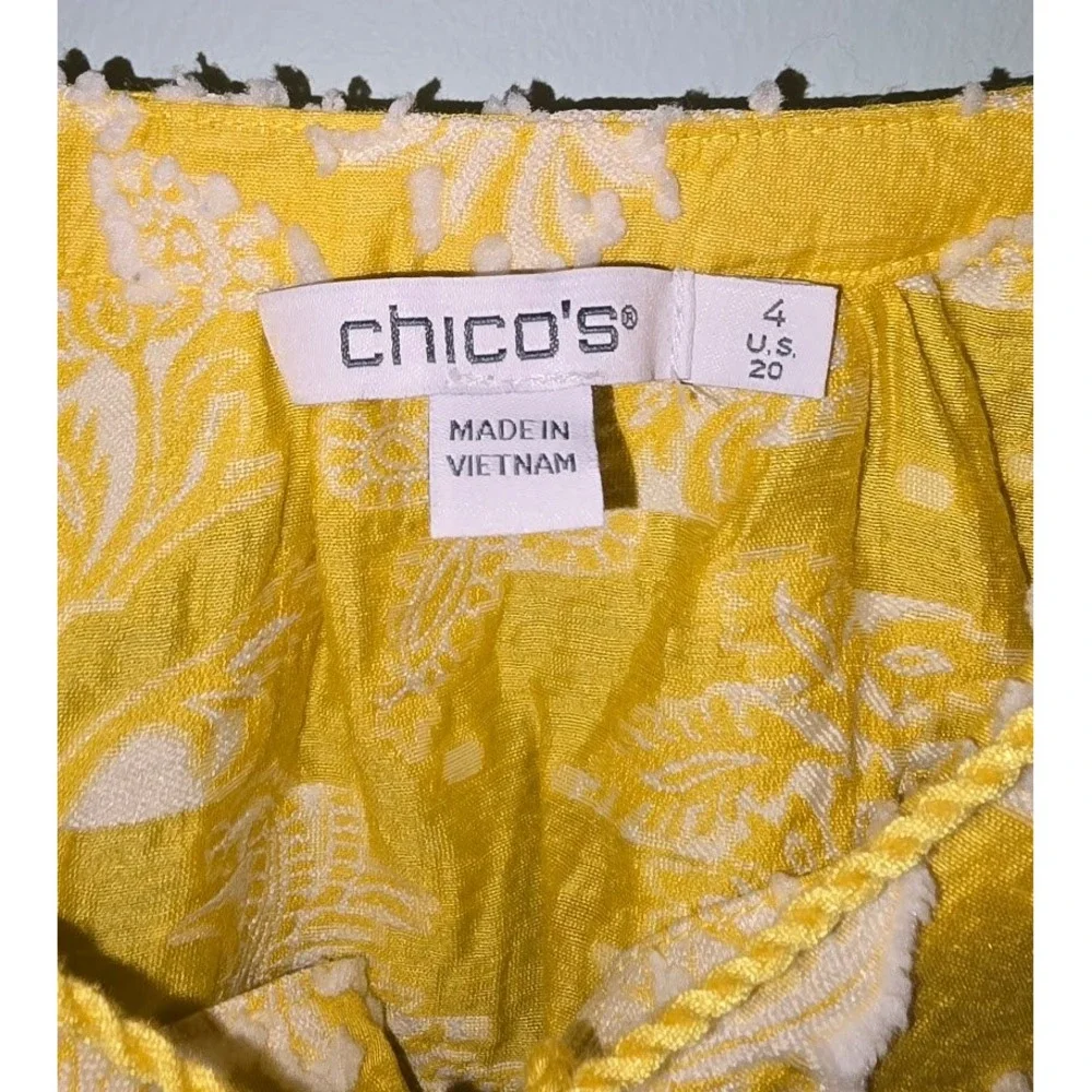 Chico's Womens Blouse Yellow White Paisley Textured Tassel Light Plus Size 4/20
